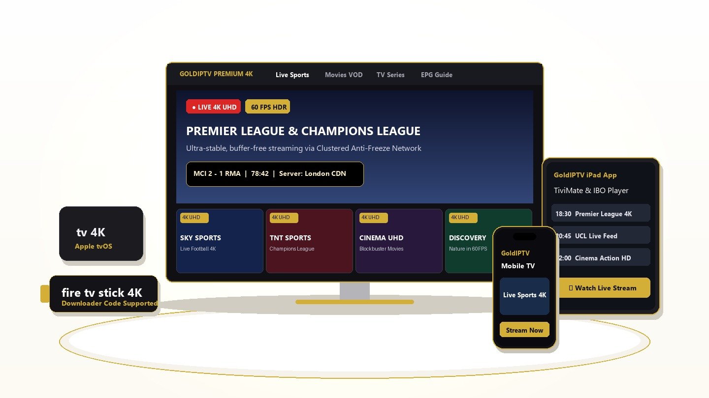 GoldIPTV compatible devices including Smart TVs, Amazon Firestick, and Apple TV
